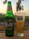 Mythos Hellenic Greek Beer Bottle and Glass