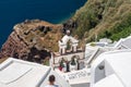 Do not step sign on roof of church in Santorini Royalty Free Stock Photo