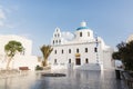 SANTORINI, GREECE - MAY 2018: Iconic view over Ekklisia Panagia Platsani church in Oia village on Santorini island, Greece Royalty Free Stock Photo