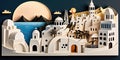 Santorini, Greece, paper art collage, vibrant layered colored paper, travel panoramic background, banner, AI generative