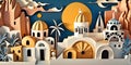 Santorini, Greece, paper art collage, vibrant layered colored paper, travel panoramic background, banner, AI generative