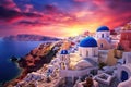 Santorini, Greece. Picturesque sunset over the sea, Beautiful view of Churches in Oia village, Santorini island in Greece at Royalty Free Stock Photo
