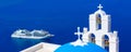 Santorini, Greece sea, white church, cruise ship Royalty Free Stock Photo