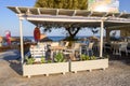 Coffee bar at the Perissa Black Sand Beach on Santorini. Cyclades, Greece