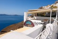 Greek seafront restaurant in Fira on Santorini Island. Cyclades, Greece