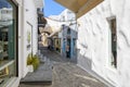 Santorini Greece, September 17, 2020: Street in Fira, a largest town in Santorini with lots of restaurants and shopping. Cyclades