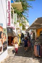 Street in Fira, a main town in Santorini with lots of restaurants and shopping. Cyclades