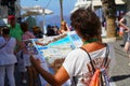 Santorini, Greece, September 21 2018, A tourist looks at a map