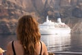 Santorini, Greece, woman and white ship