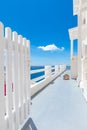 White architecture on Santorini island, Greece. Beautiful summer landscape, sea view. Perfect scenery of white door Royalty Free Stock Photo