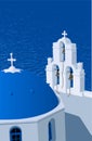 Santorini island, Greece. Three bells of Fira church. Vector illustration