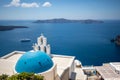 Santorini island, Greece, local church, blue white architecture panoramic landscape. Famous travel destination, summer vacation Royalty Free Stock Photo