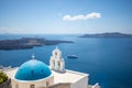 Santorini island, Greece, local church, blue white architecture panoramic landscape. Famous travel destination, summer vacation Royalty Free Stock Photo