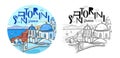 Santorini island, Greece. Orthodox churches with blue domes over the caldera. Round logo, engraving. Vector line art illustration.