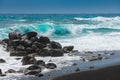 Santorini island, Greece. Waves on the Perissa beach with black volcanic sand Royalty Free Stock Photo
