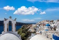 Santorini island, Greece. Oia caldera over Aegean sea, blue sky, calm sea Royalty Free Stock Photo