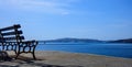 Santorini island, Greece - Wooden bench at Fira port Royalty Free Stock Photo