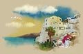Santorini Island. Watercolor sketch. Drawing on old paper.