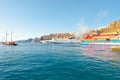 SANTORINI-JULY 28: Ferrys arrive to the port of Thira on July 28, 2014 on the Santorini(Thera) island, Greece.