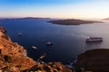 Santorini sea with Nea Kameni volcanic and cruise ships Royalty Free Stock Photo