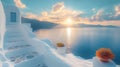 Santorini sunset steps ocean view villa Royalty Free Stock Photo