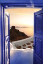 Santorini view with cliff against colorful sunset in Thira town, Greece Royalty Free Stock Photo