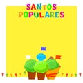 Santos Populares Portugues festival banner with bunting garlands , flags and manjerico plants