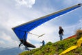 SANTS, SWITZERLAND - May 27: Competitor Ievgen Lysenko from Ukraine of the Swiss Masters hang gliding competitions takes part on M