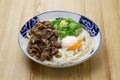 Sanuki udon with beef and soft-boiled egg, Japanese noodle dish Royalty Free Stock Photo
