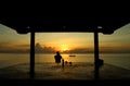 Sunrise and the morning light over the sea in unique movie perspective view from gazebo side.