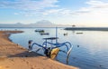 Sanur beach and Mount Agung volcano at sunrise, Bali, Indonesia Royalty Free Stock Photo