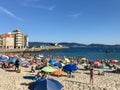 Sanxenxo, Pontevedra / Spain - July 26 2018: View of people on the beach of Silgar during a day of summer Royalty Free Stock Photo