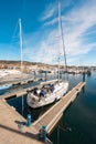 Sanxenxo, Spain - February 8, 2023: Moored Yatchs on the harbor of Sanxenxo famous touristic destination in Galicia