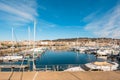 Sanxenxo, Spain - February 8, 2023: Moored Yatchs on the harbor of Sanxenxo famous touristic destination in Galicia