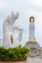 Statue of Guanyin on the territory of Buddhist center Nanshan on a cloudy day