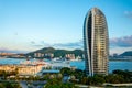 Sanya, Hainan Island, China - 22.06.2019: Close view of artificial Phoenix island with its famous skyscrappers in Sanya