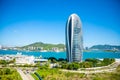 Sanya, Hainan Island, China - 22.06.2019: Close view of artificial Phoenix island with its famous skyscrappers in Sanya