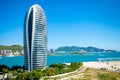 Sanya, Hainan Island, China - 22.06.2019: Close view of artificial Phoenix island with its famous skyscrappers in Sanya