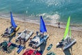Sanzhejka, Ukraine, August 05, 2018: preparation of sailing catamarans to go to sea on a sandy beach