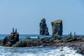 Sao Miguel in the Azores. Mosteiros beach Rock formation in coastline landscape on sunny da.