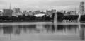 Sao Paulo/Brazil - Apr.10.19: Ibirapuera park, fountains, cityscape. black and white Royalty Free Stock Photo