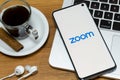 Sao Paulo, Brazil - April 2, 2020: logo Zoom Cloud Meetings -online meetings and group messaging into one easy-to-use application