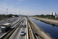vehicles and Tiete river on the marginal Tiete freeway in Sao Paulo, Brazil