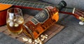 Sao Paulo/Sao Paulo/Brazil - on August 01 2020: Closeup of a whiskey bottle resting on the neck of the guitar_zoom in