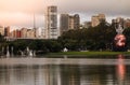 Sao Paulo/Brazil - Apr.10.19: Ibirapuera park, fountains, cityscape Royalty Free Stock Photo