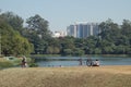 Sao Paulo/Brazil: ibirapuera park lake and cyclists Royalty Free Stock Photo