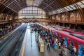 SAO PAULO , BRAZIL . Moving inside the Luz Station, trains and passengers at the boarding and landing platforms, in Royalty Free Stock Photo