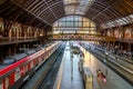 SAO PAULO , BRAZIL . Moving inside the Luz Station, trains and passengers at the boarding and landing platforms, in Royalty Free Stock Photo