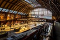 SAO PAULO , BRAZIL . Moving inside the Luz Station, trains and passengers at the boarding and landing platforms, in