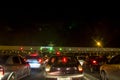 Night view of the line of cars for toll payment on a highway managed by the concessionaire Eco Pistas